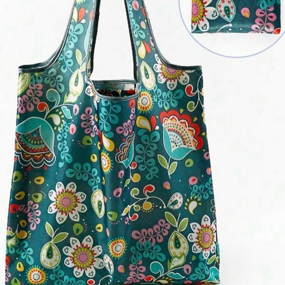 Floral Patterned Tote Bag - Multicolor Reusable Earth 🌎 Friendly Pouch Foldable - Picture 3 of 10